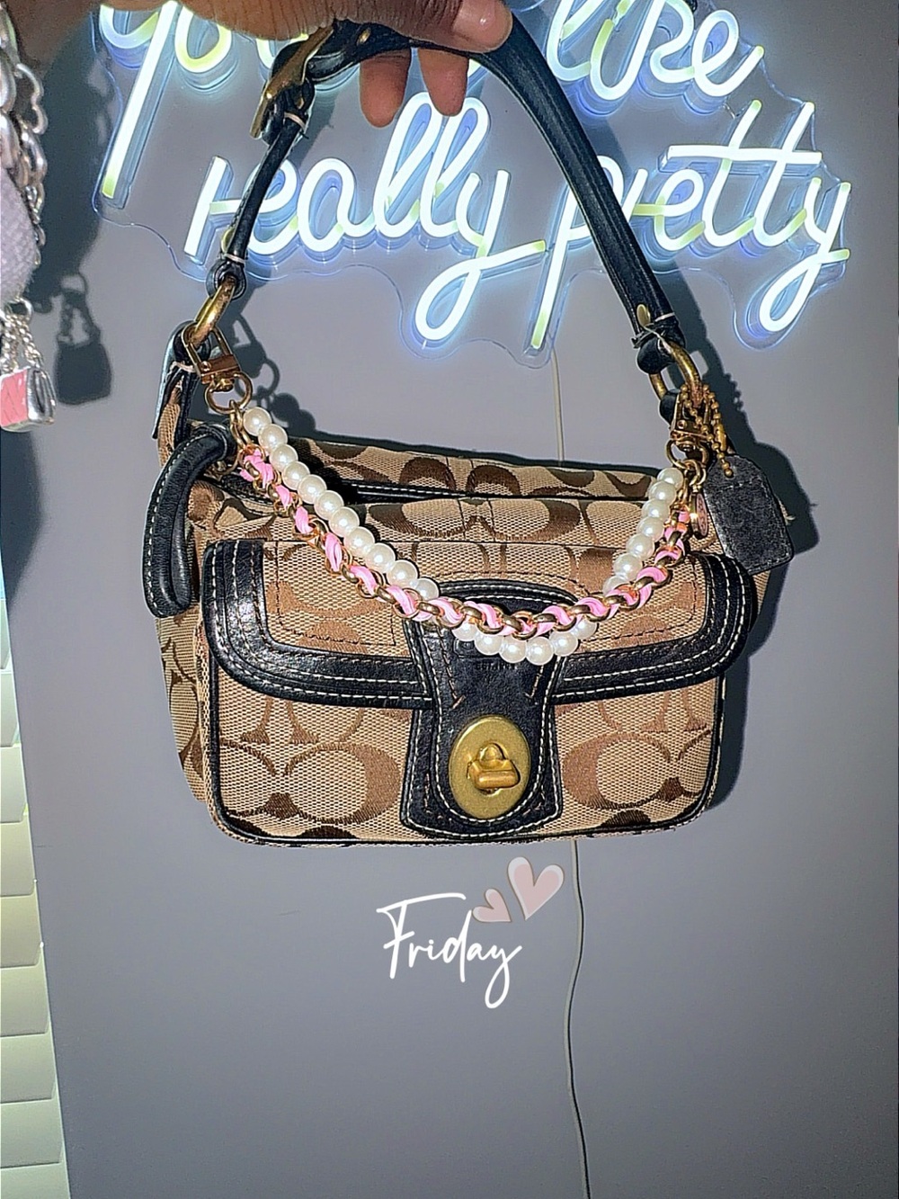Coach Signature Canvas Shoulder Bag in Tan and Black with Pearl Chain